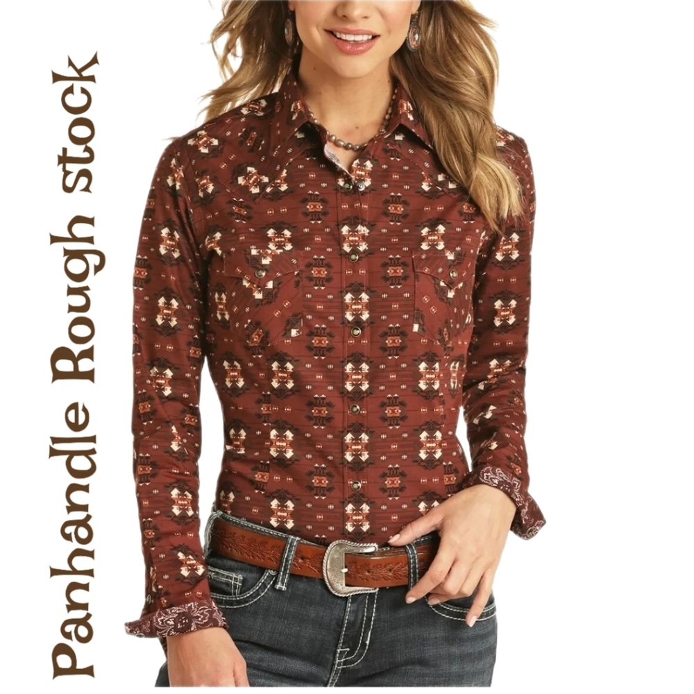 Panhandle Rough Stock Women Aztec Brick Snap Shirt Sz M Western Rodeo Cowgirl